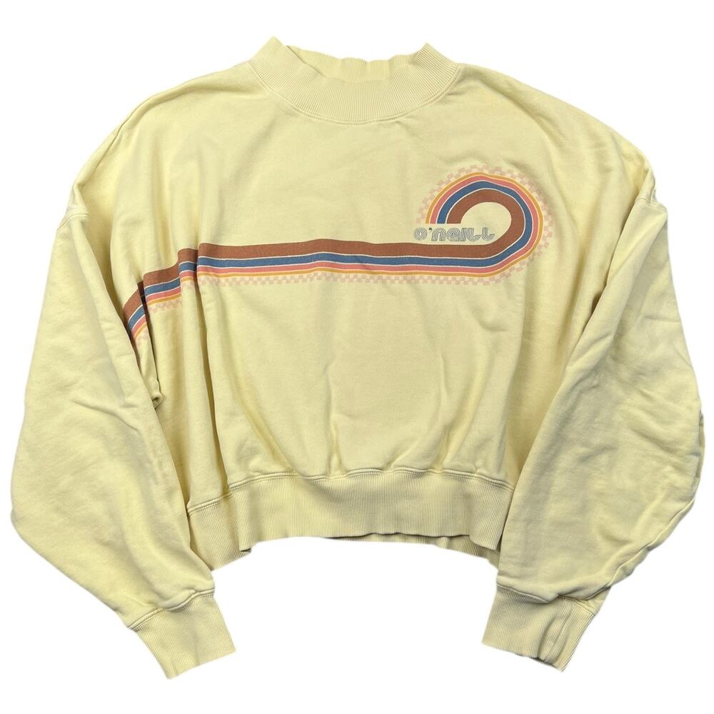 O’Neill Cropped Sweatshirt Yellow Retro Stripe Surf Logo Crewneck - M